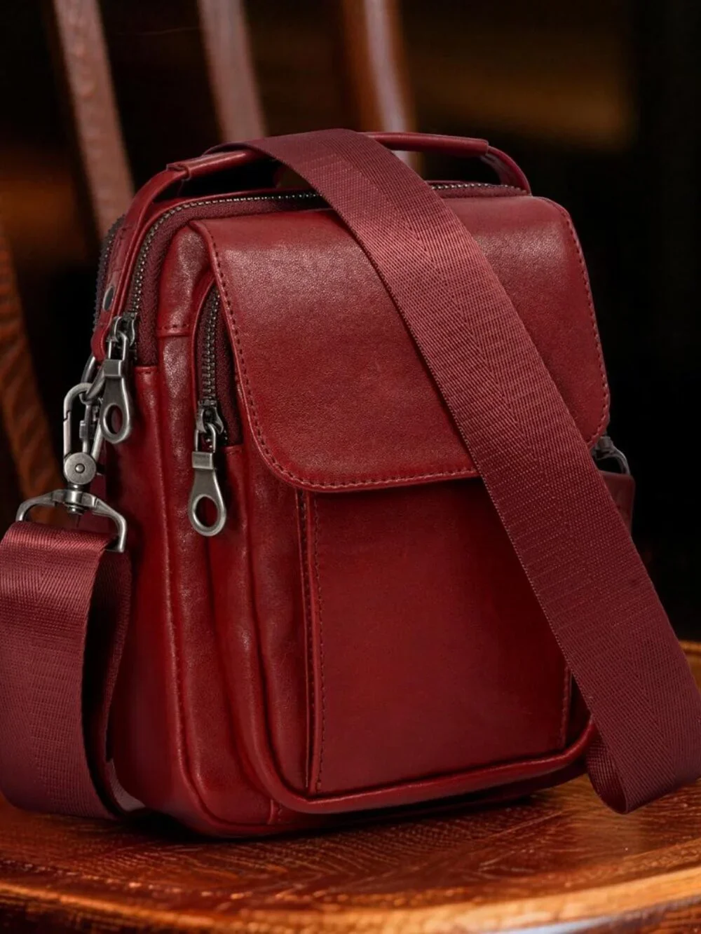 Men's Burgundy Leather Shoulder Sling Travel Crossbody Stylish Magnetic Bag